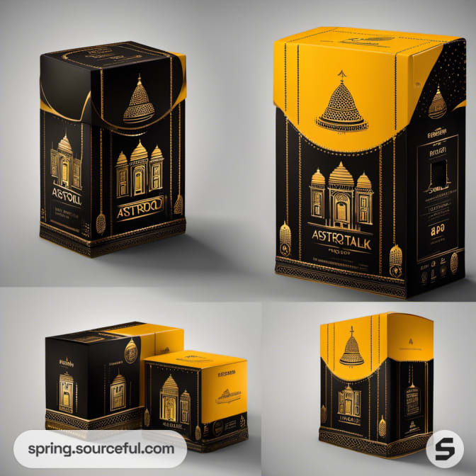 Four yellow and black temple-themed boxes with detailed architectural illustrations.