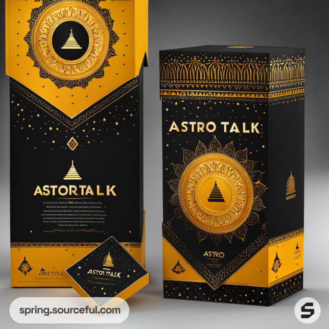 Black and gold pyramid-themed packaging with intricate designs and branding.