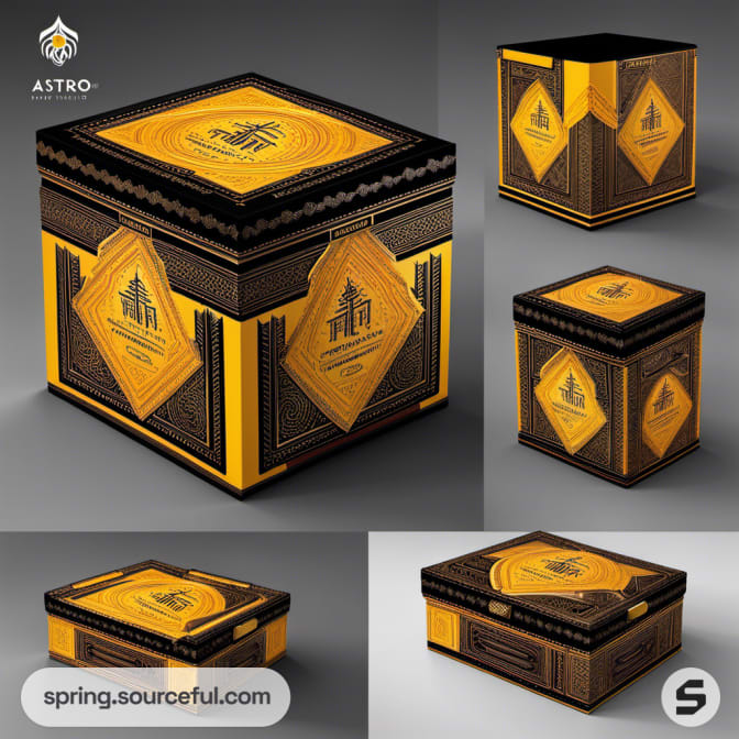 Square boxes with temple imagery and intricate black and gold designs.