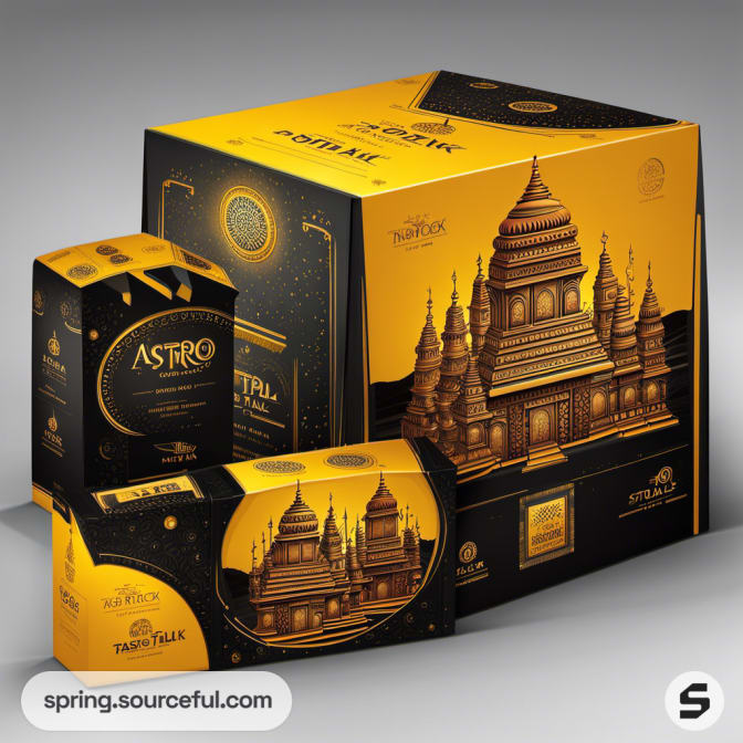 Boxes featuring temple illustrations in yellow and black with intricate detailing.