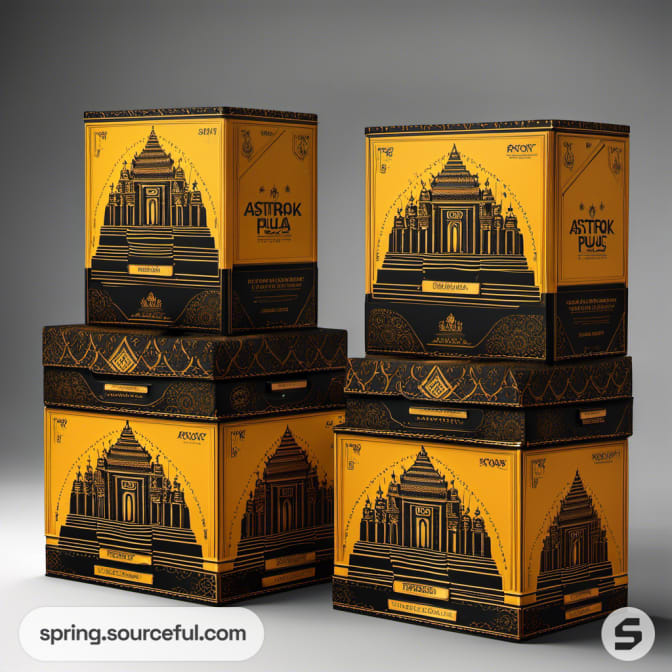 Stacked temple-themed boxes with black and yellow designs and decorative elements.