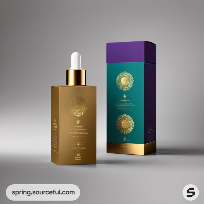 Gold dropper bottle with turquoise and purple box, intricate gold design.