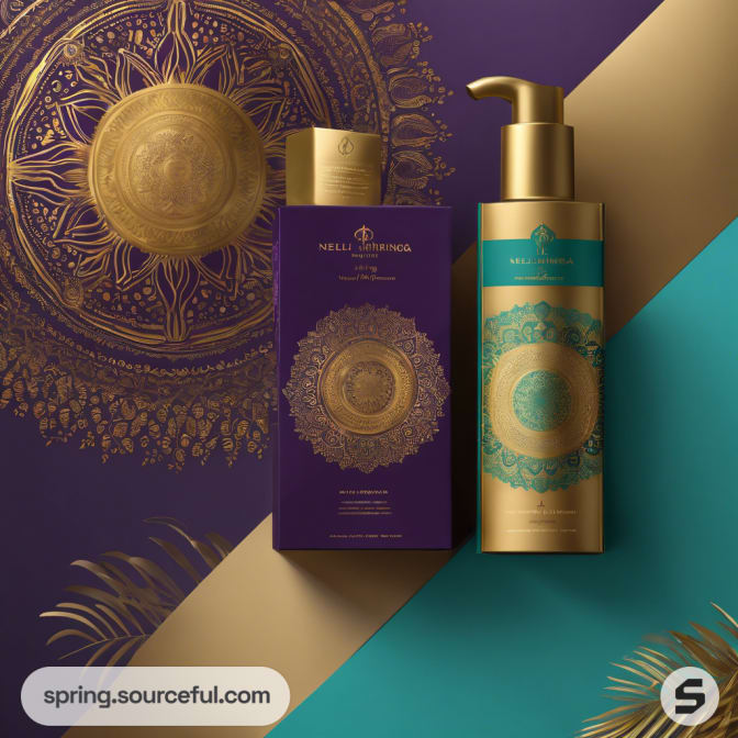 Gold pump bottle with purple box, mandala design and luxurious theme.