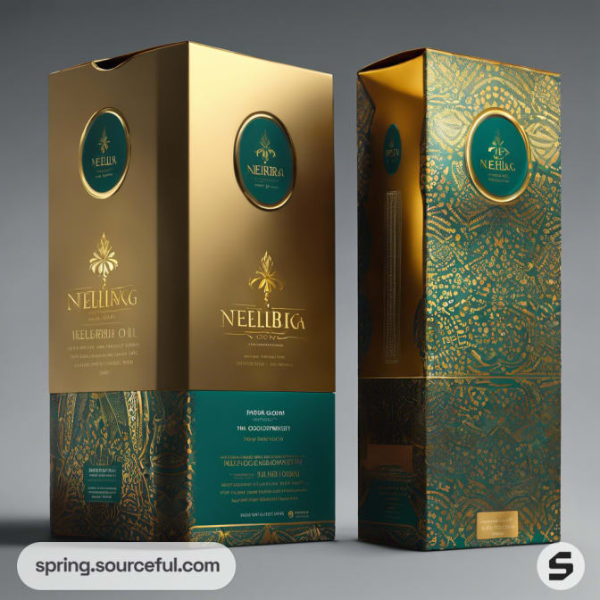 Tall gold and teal box with intricate designs for luxury product.