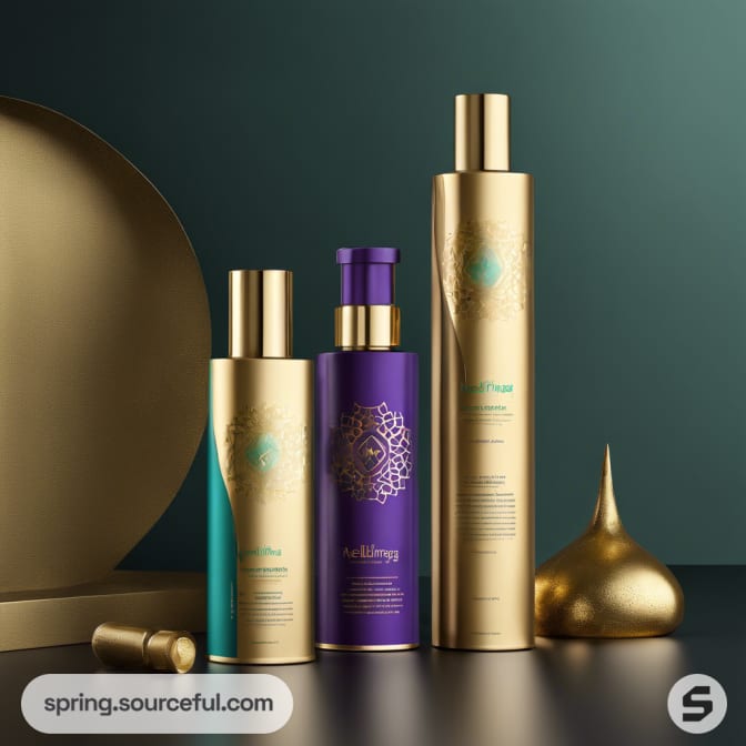 Three gold bottles on dark background, luxurious design, purple accents.