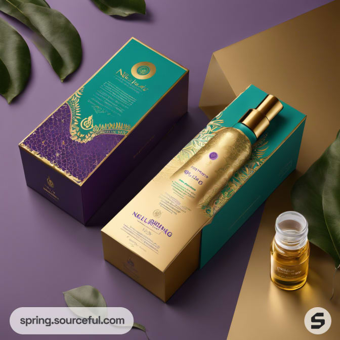 Gold bottle in purple and teal box on textured background, with small vial.