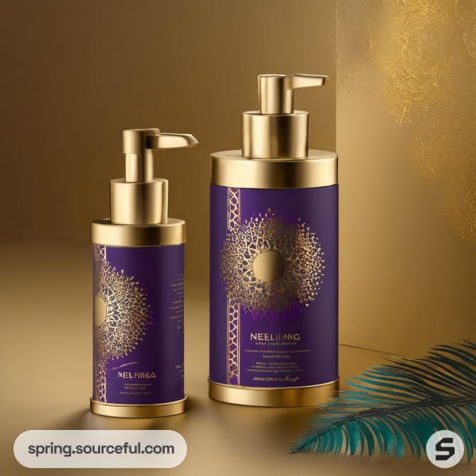 Two gold pump bottles with intricate purple and gold design.