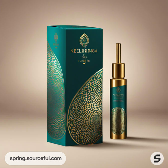 Gold bottle with turquoise box, detailed gold patterns.