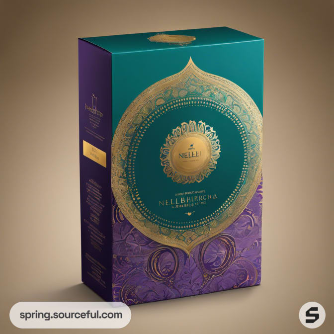 Purple and teal box with intricate gold and purple design elements.