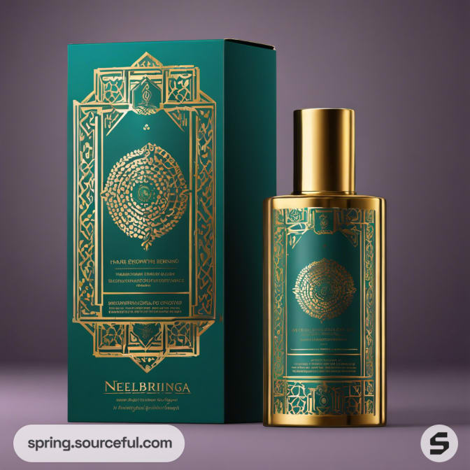 Gold bottle with teal box, intricate geometric pattern.