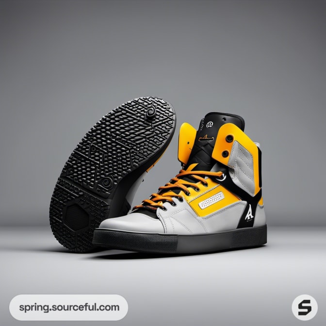 Gray and yellow high-top sneakers with black sole.