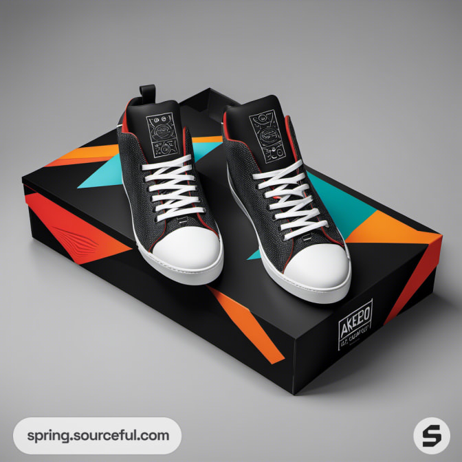 Black sneakers on colorful geometric box.