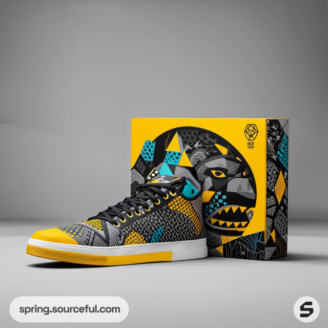 Patterned sneakers with abstract art box.