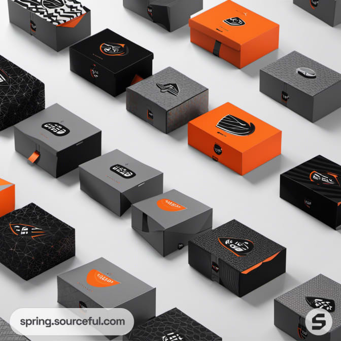 Various shoe boxes in gray, black, and orange.