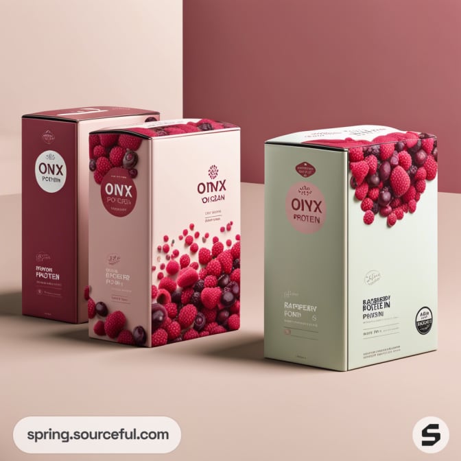 Three Onyx protein boxes with raspberry designs on a beige surface.