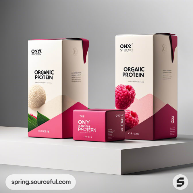 Trio of protein powder boxes with raspberry and protein illustrations on a sleek white and pink design.