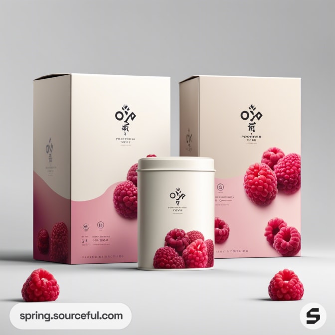 Packaging with raspberry design featuring a small canister and two boxes, accented with pink and white colors.