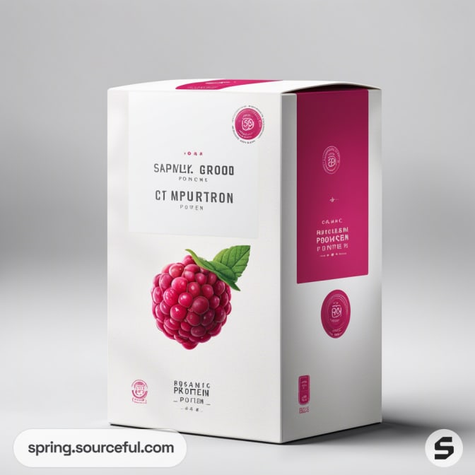 White paper box with raspberry image, red circular accents, and black text on a white background.