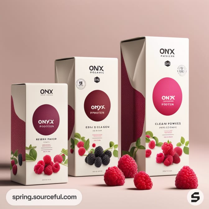 Three ONYX protein boxes with raspberry and berry designs on a pink background with fresh raspberries.