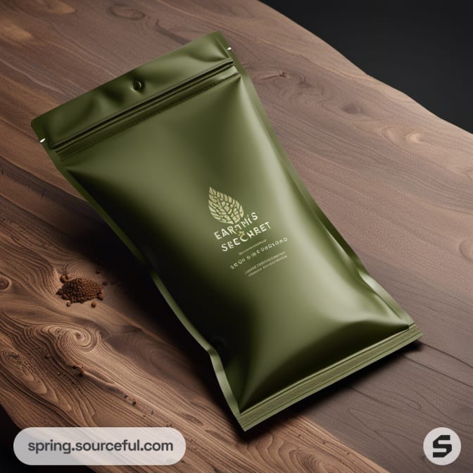 Green resealable pouch on wooden surface.