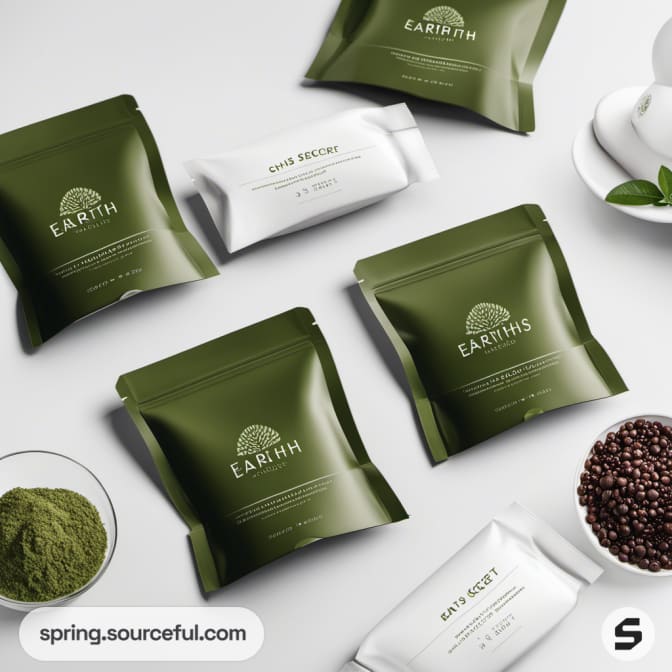 Assorted green and white pouches on white background.