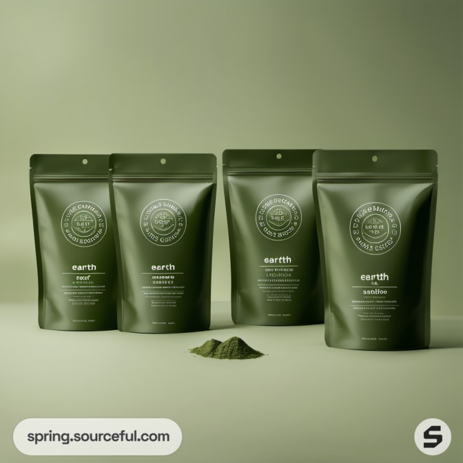 Four green resealable pouches with logo on display.