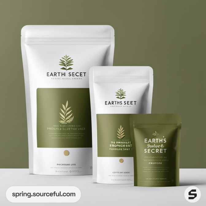 Variety of white and green pouches displayed.