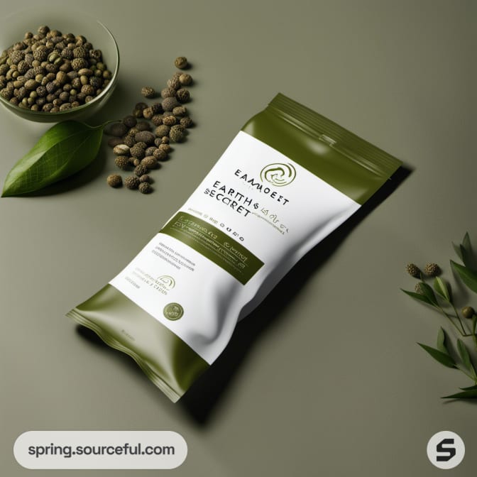 Green and white pouch with seeds and leaves.