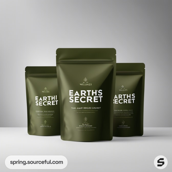 Three green pouches with 'Earths Secret' text.
