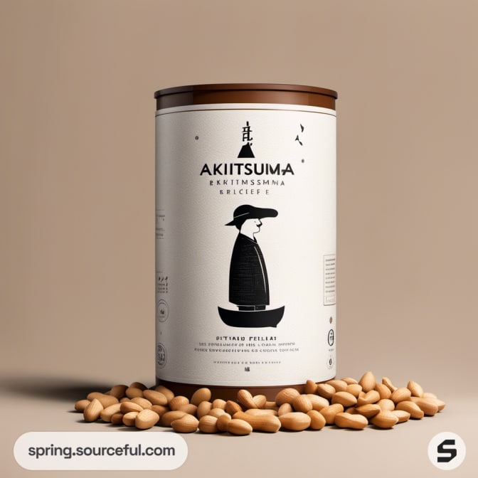 Round container with an illustration of a person, surrounded by peanuts, on a beige background.