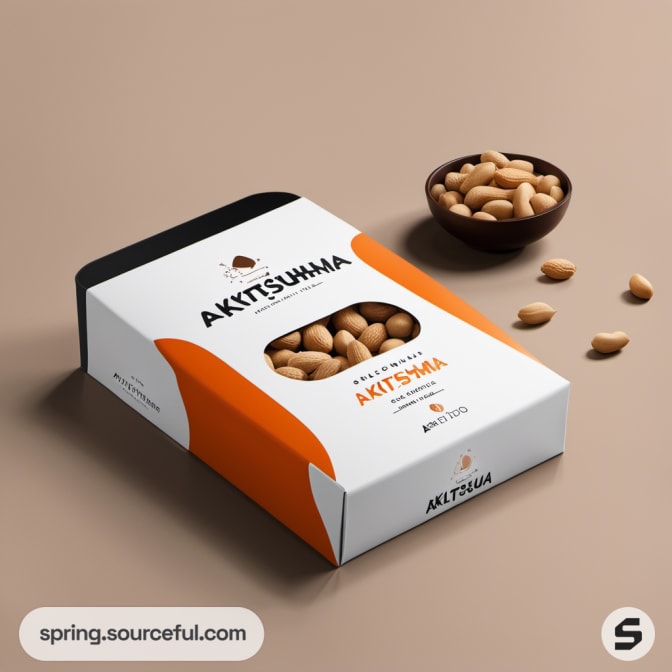 Rectangular box with an orange and white design, showcasing visible nuts through a clear window.