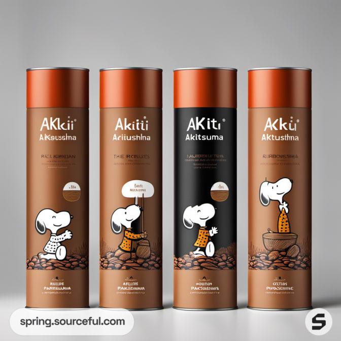 Tall cylindrical cans with cartoon character illustrations, featuring a coffee theme.