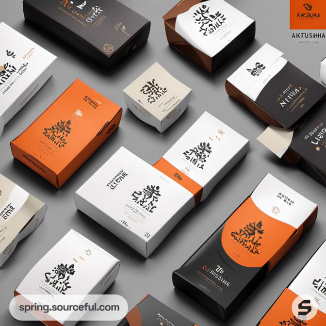 Assorted rectangular boxes with a mix of black, white, and orange designs, all laid out on a surface.