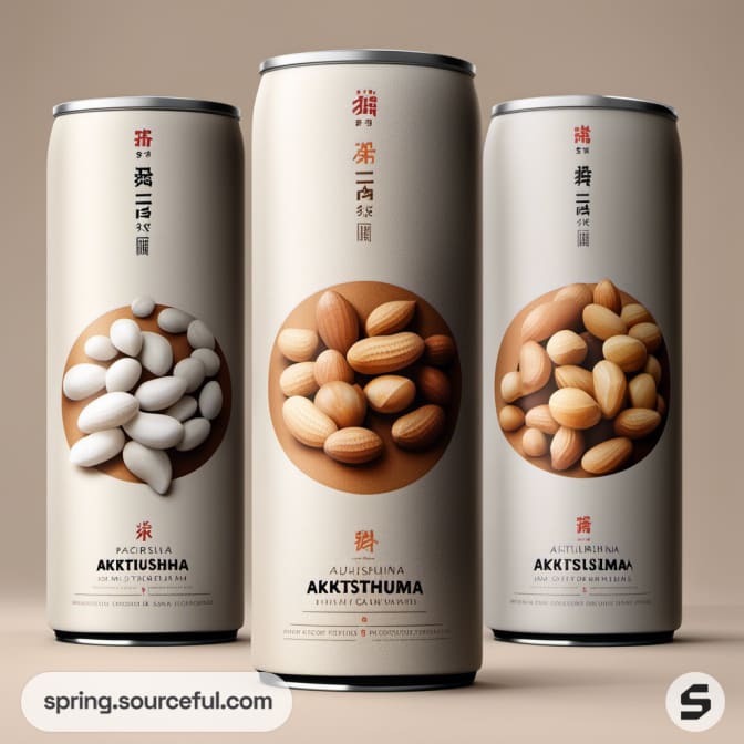 Three tall cans with images of nuts, including almonds and peanuts, on a beige background.