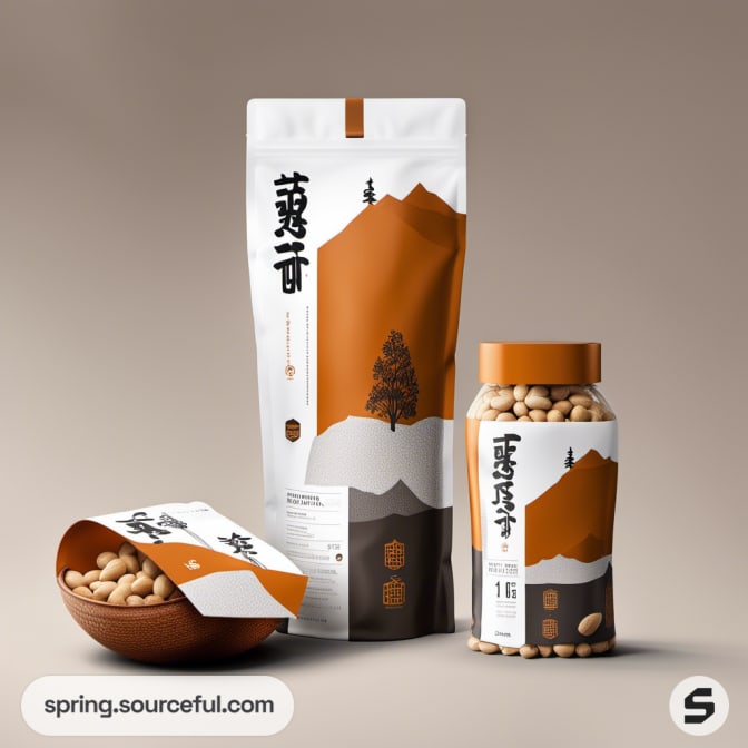 White resealable pouch and jar, featuring a mountain design with peanuts, on a neutral background.