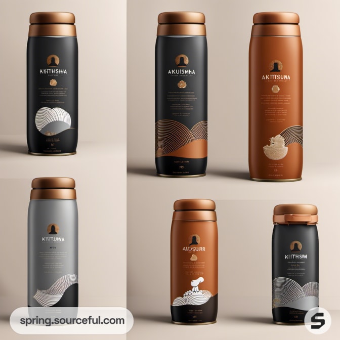 Five cylindrical beverage containers with matte finishes in shades of black and copper.