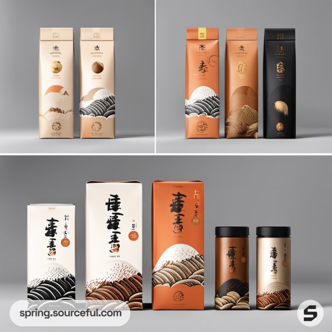 Various rectangular and cylindrical packages with mountain designs, in beige and orange colors.