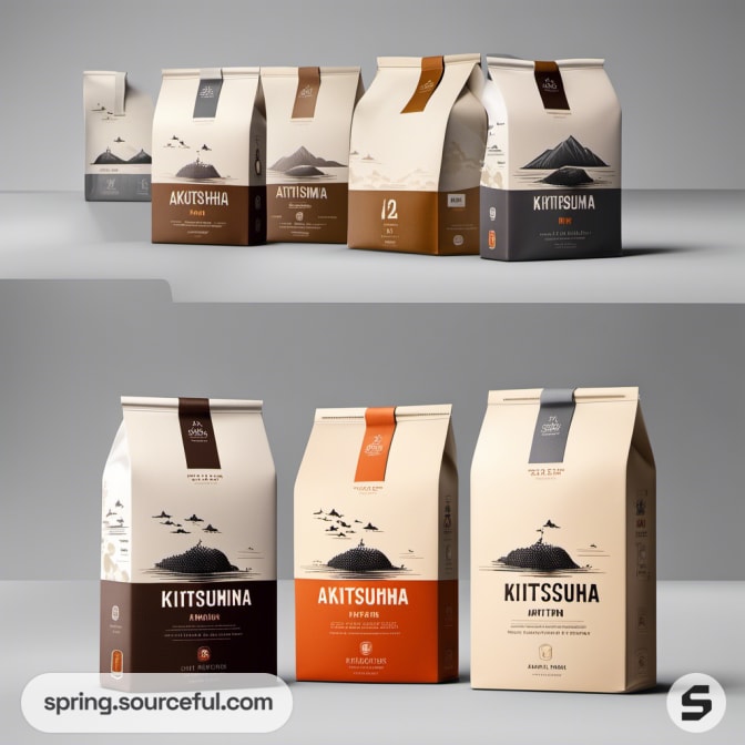 Six coffee bags in browns and creams, featuring mountain illustrations and text.