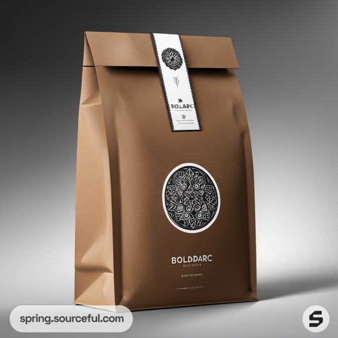 Brown pouch with intricate black design and label