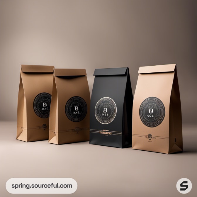 Four stand-up pouches, one black and three brown