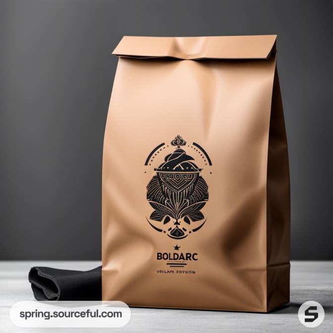 Brown pouch with black illustrated design