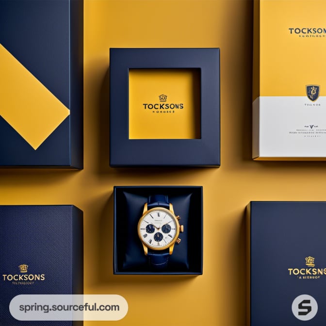 Luxury watches in stylish blue and yellow boxes with branding.