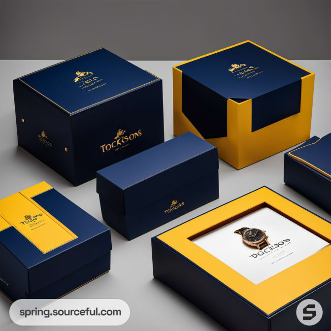 Collection of blue and yellow watch boxes with elegant designs.