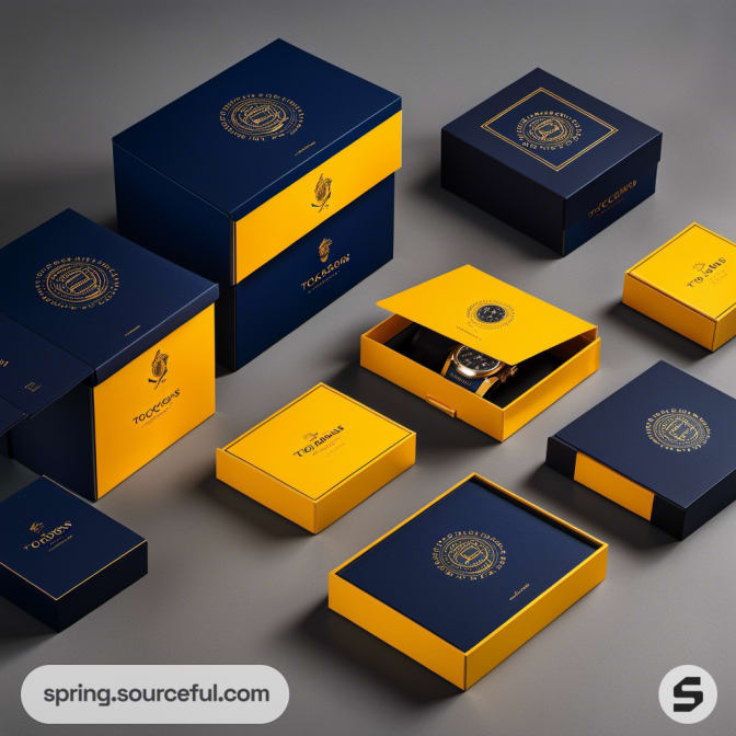 Varied sizes of blue and yellow watch boxes with patterned lids.