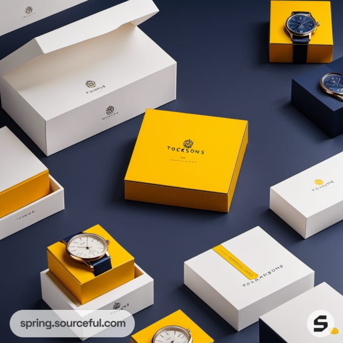 Yellow and navy stylish boxes for watches with minimalistic design.