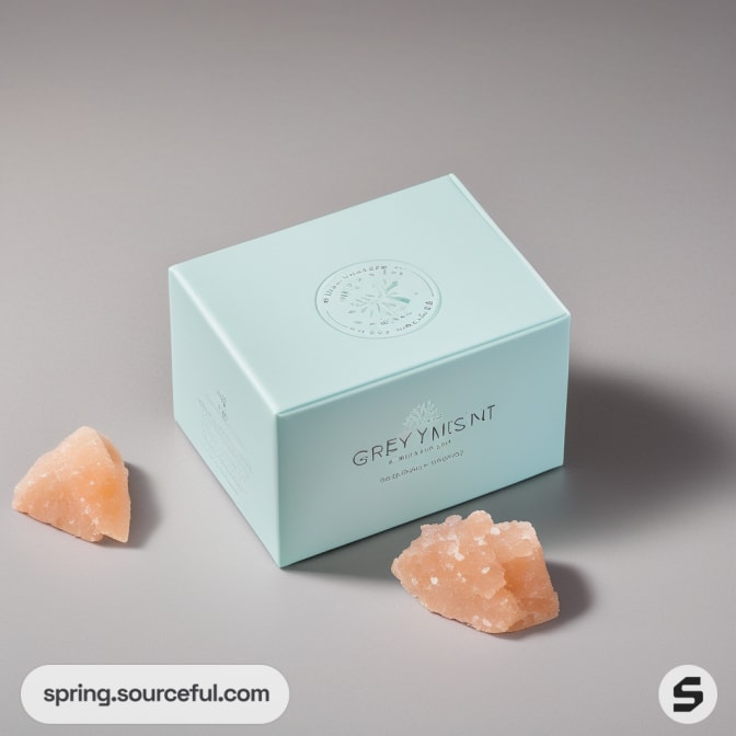 Mint green box with pink salt pieces around it.