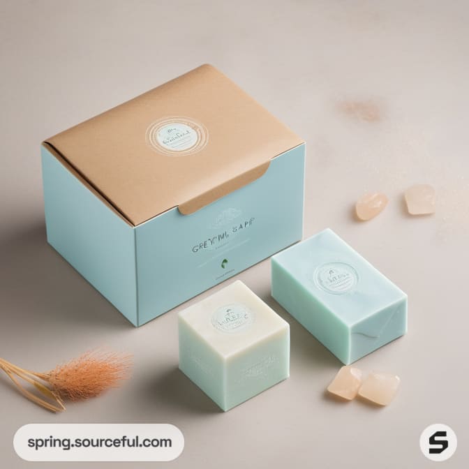 Mint and brown box with two soap bars and salt pieces.