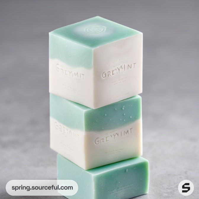 Stack of three cube-shaped mint and white soap bars.