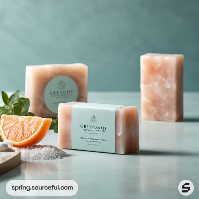 Various pink soap bars with citrus and leaves.