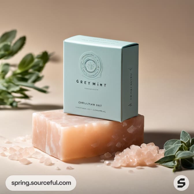 Mint package on pink soap with salt and leaves.